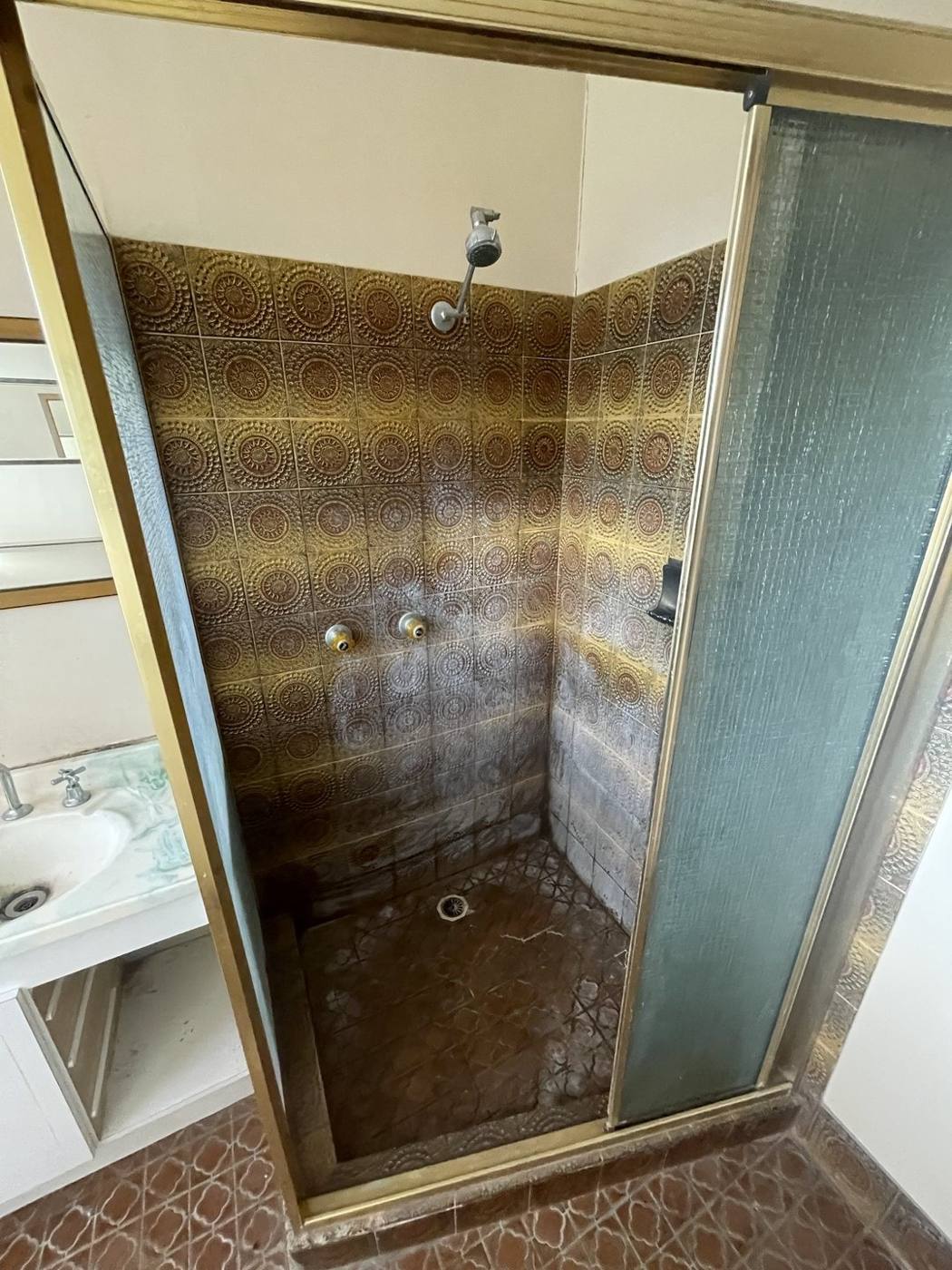 Old shower before renovation with brass frame and ornate brown and gold patterned wall tiles, Baulkham Hills by Loel Homes