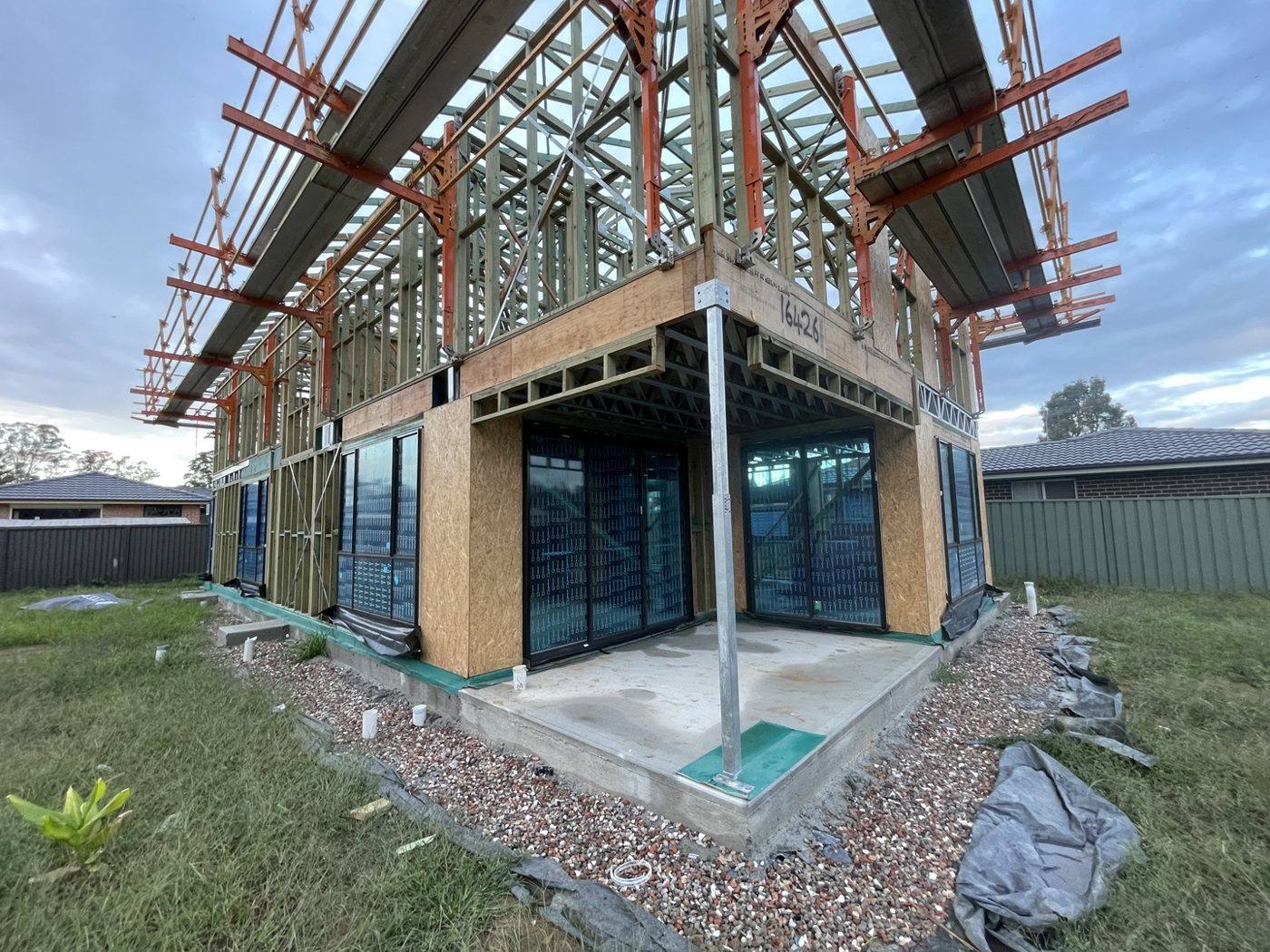 Two-storey frame corner with window openings on a new build by Loel Homes
